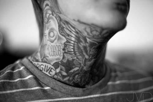 Grey Ink Skull And Flying Bird Neck Tattoo