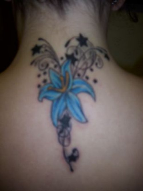 Stars And Blue Flower Neck Tattoo