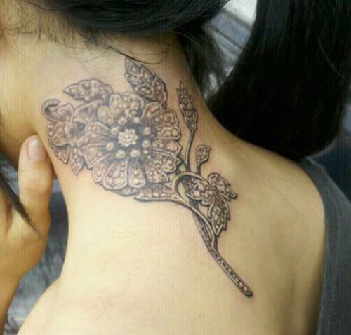 Grey Ink Flowers Neck Tattoo For Girls