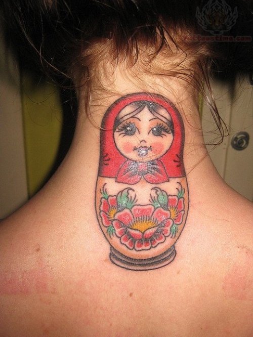 Colored Ink Matryoshka Back Neck Tattoo