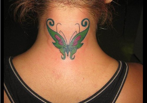 Red And Green Ink Butterfly Back Neck Tattoo