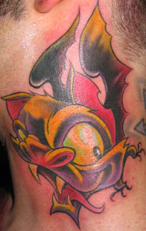Colored Ink Bat Side Neck Tattoo