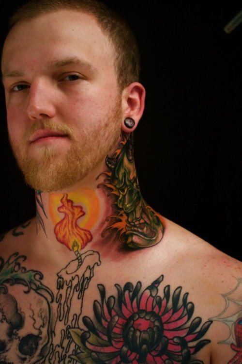 Colored Demon Head And Candle Neck Tattoo