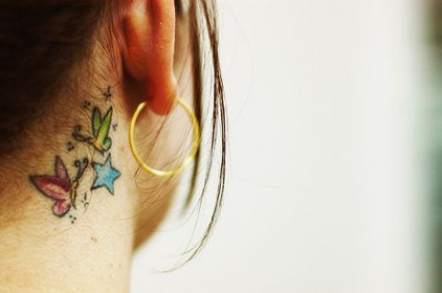 Colored Butterflies And Star Neck Tattoo