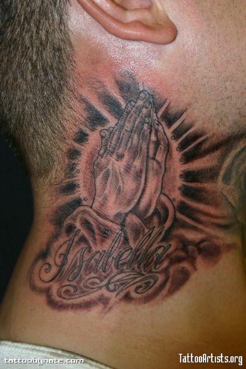 Isabella Praying Hands Neck Tattoo