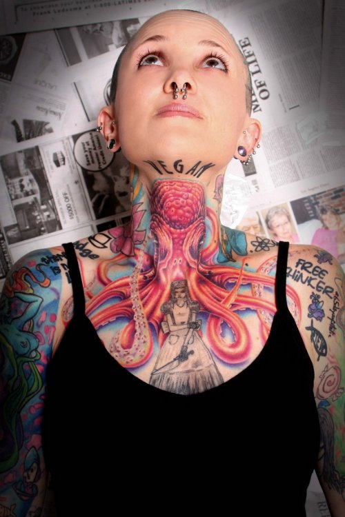 Colored Octopus Neck Tattoo For Girls