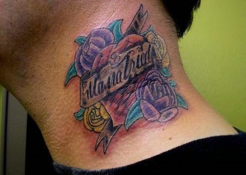 Purple And Yellow Rose Flowers and Heart Neck Tattoo