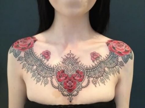 Red Rose Flowers And Grey Ink Necklace Tattoo