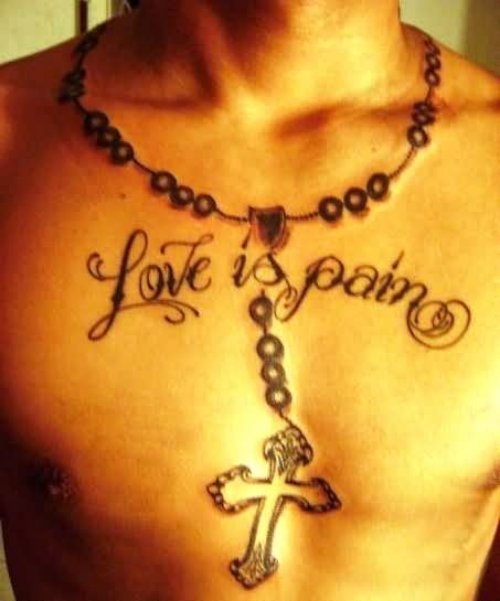 Love is Pain And Cross Rosary Necklace Tattoo