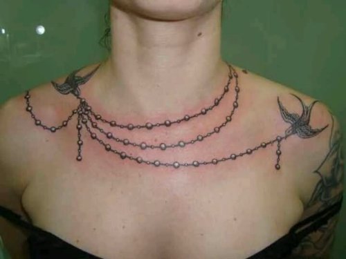 Flying Birds And Chain Necklace Tattoo