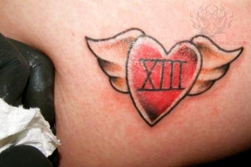 Winged Heart Roman Number Tattoo