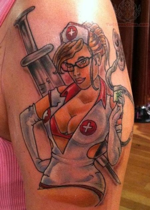 Nurse Pinup Tattoo On Bicep