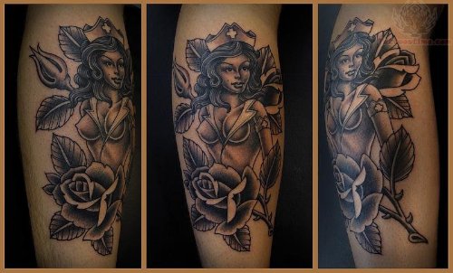 Grey Ink Nurse And Rose Tattoo