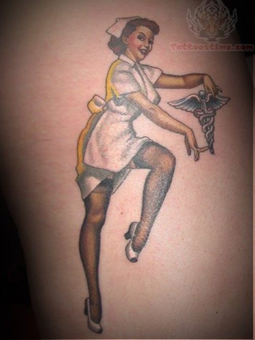 Pinup Nurse Tattoo With Medical Sign