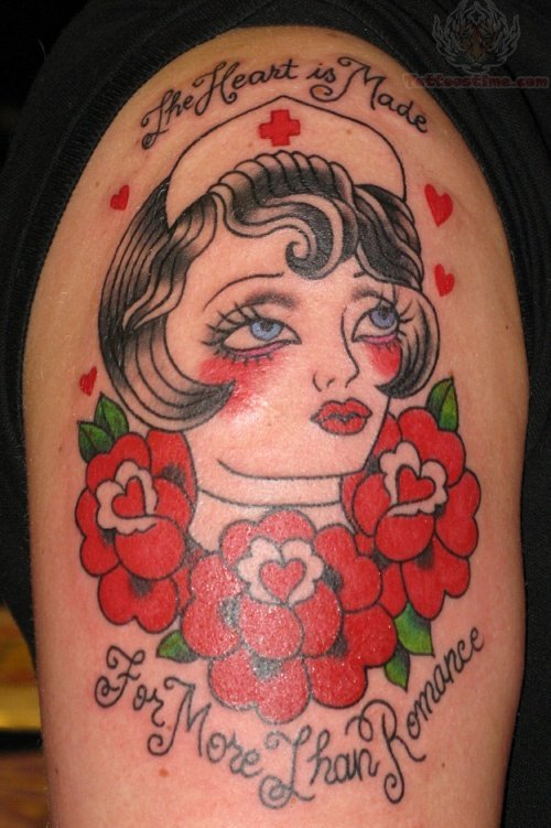 Nurse Head In Flowers Tattoo On Bicep
