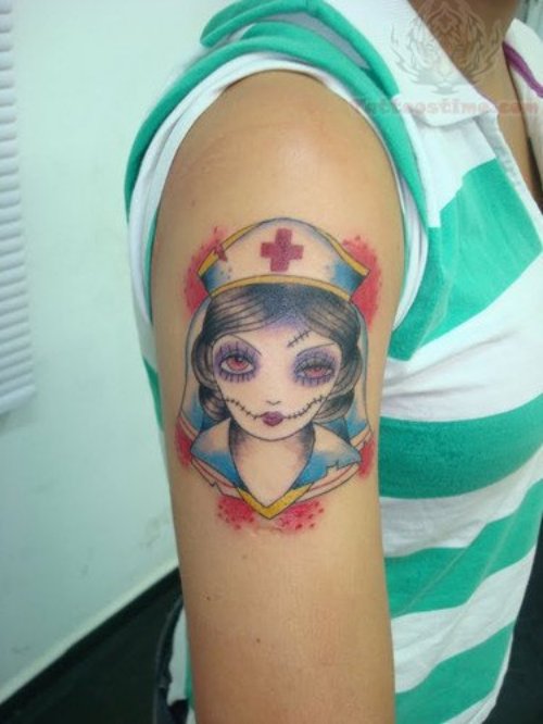 Awesome Nurse Head Tattoo On Bicep
