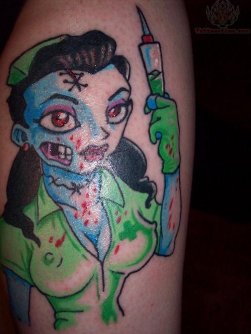 Zombie Nurse With Syringe Tattoo