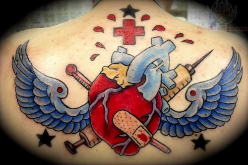 Winged Heart And Nurse Syringe Tattoo