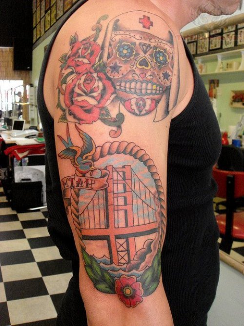 Nurse skull And Roses Tattoos On Bicep