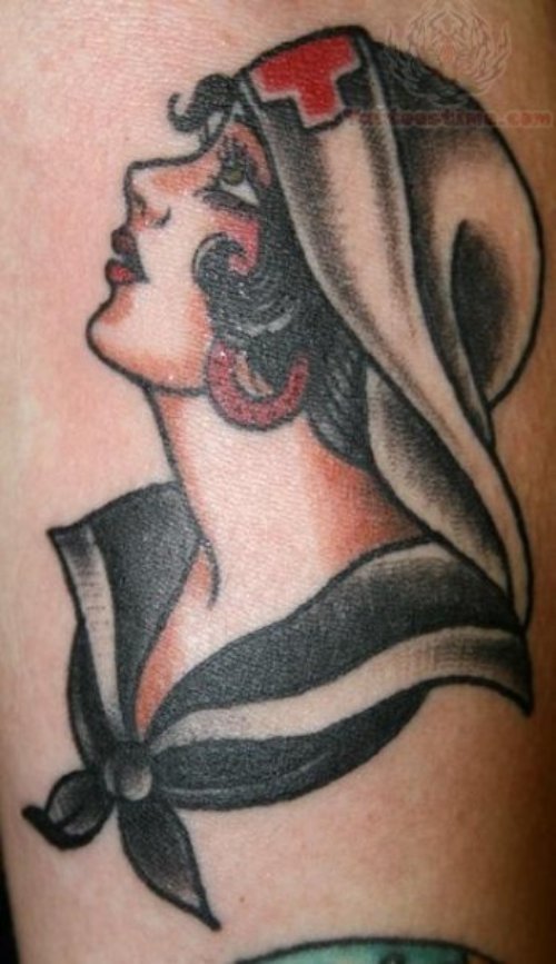 Black Ink Nurse Head Tattoo