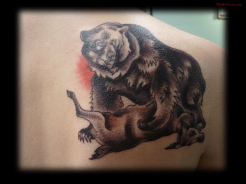 Grey Ink Bear And Fox Occupation Tattoo