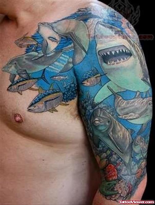 Ocean And Shark Tattoo On Sleeve