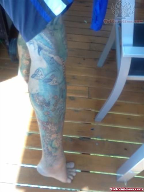 Ocean Scene Tattoo On Leg