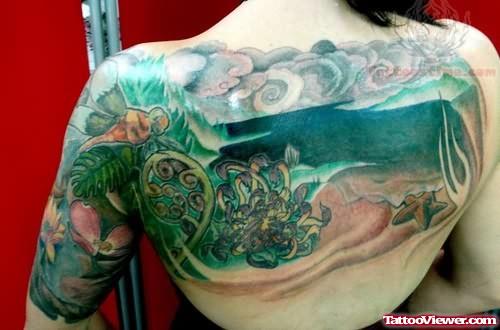 Ocean Tattoo On Girl Back