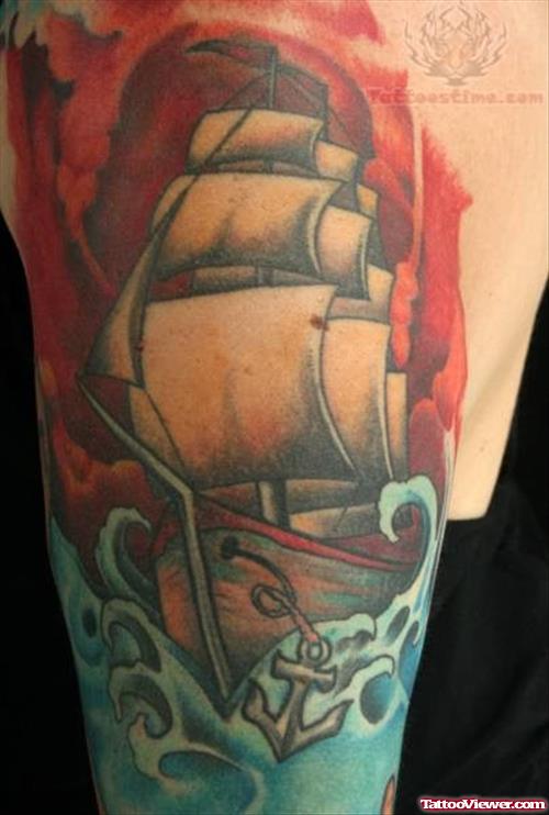 Ocean and Ship Tattoo On Sleeve