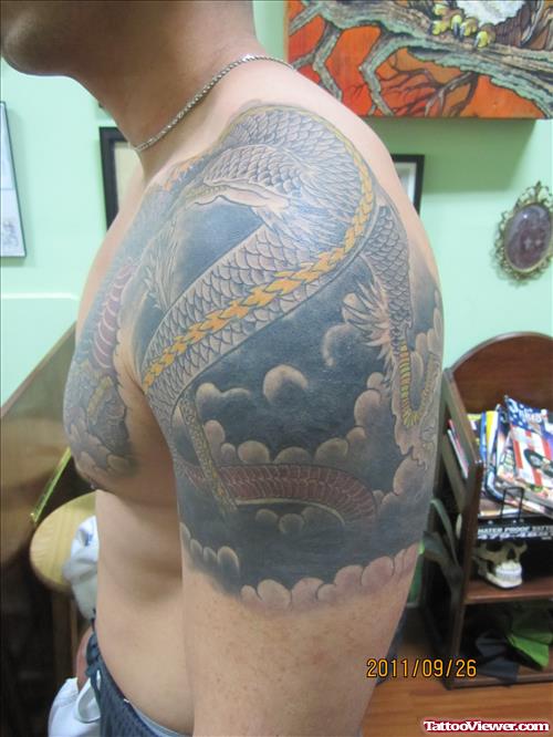 Dragon Dolphin Tattoo On Shoulder