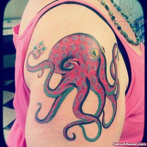 Red Octopus Tattoo On Shoulder