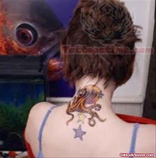 Octopus And Star Tattoo On Back Neck