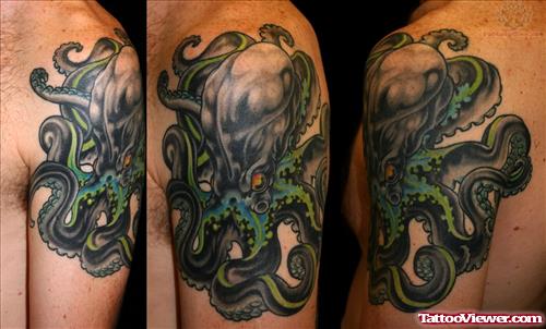 Octopus Green Ink Tattoos On Shoulders