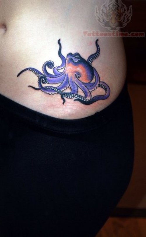 Purple Ink Octopus Tattoo On Hip