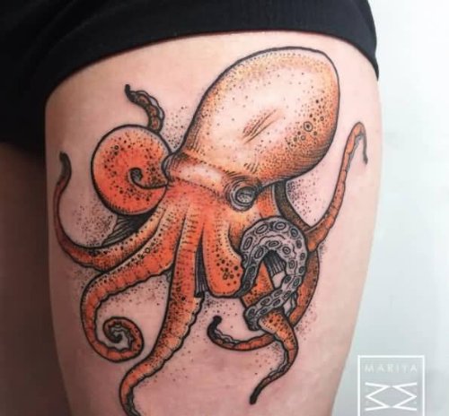 Orange Ink Octopus Tattoo On Girl Left Thigh