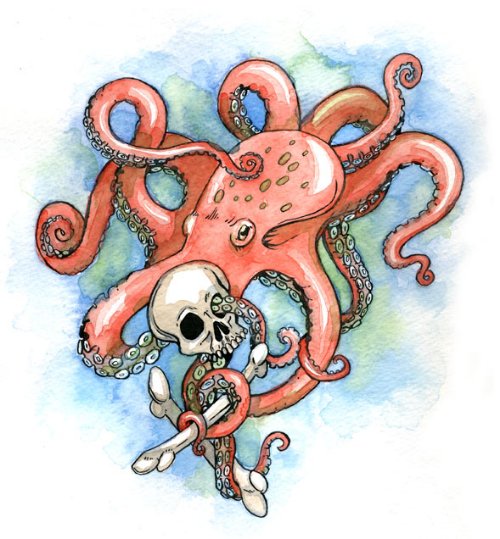 Orange Octopus And Skull Tattoo by Artemisiasynchroma