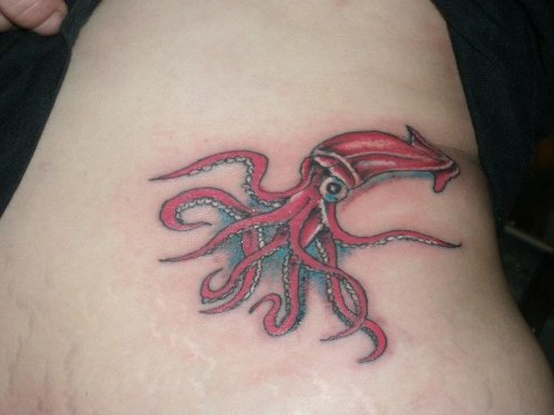 Red Ink Octopus Tattoo On Side Rib
