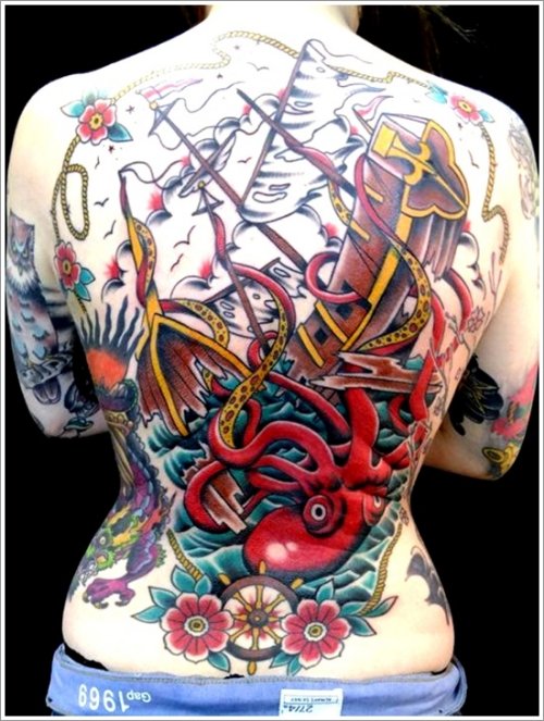 Traditional Flowers And Octopus Tattoo On Full Back
