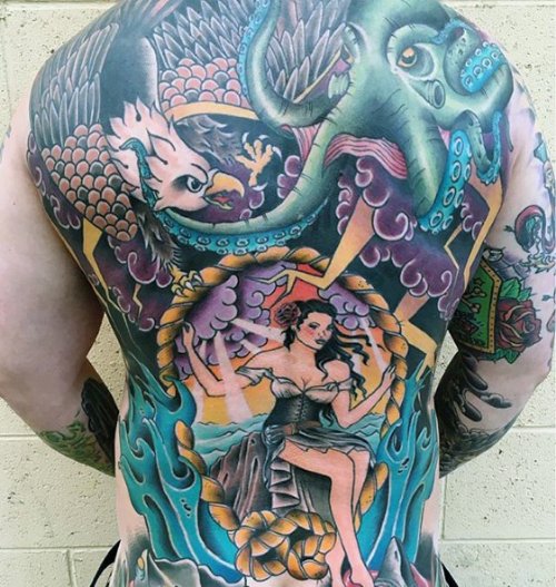 Colorful Octopus Tattoo On Man Full Back