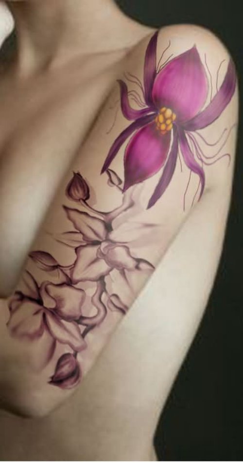 Girl With Left Half Sleeve Orchid Tattoo