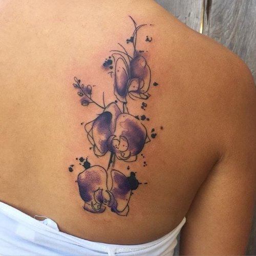 Purple Ink Orchid Tattoos On Right Back Shoulder
