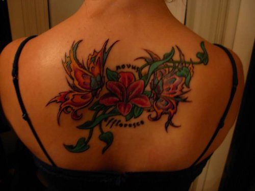 Butterflies And Orchid Tattoos On Girl Upperback