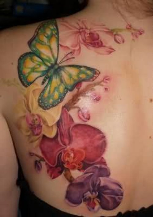 Green Butterfly And Orchid Tattoo