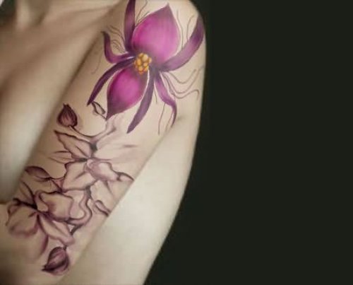 Awesome Left Half Sleeve Orchid Tattoo