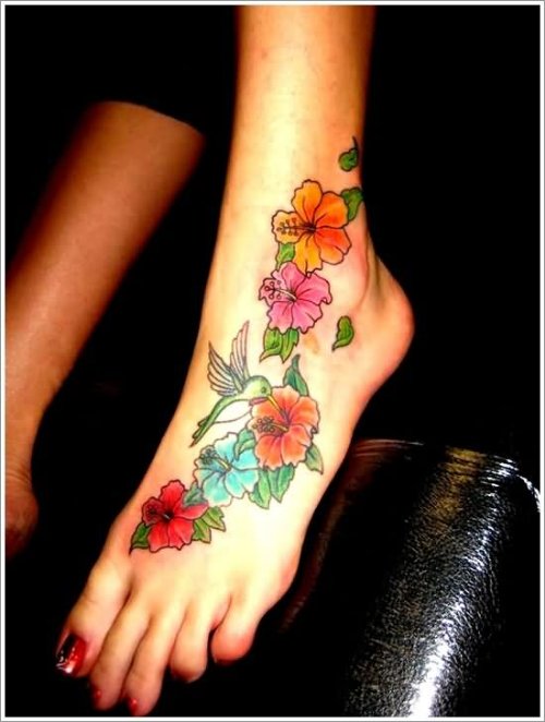 Girl Left Foot Color Flowers Orchid Tattoos