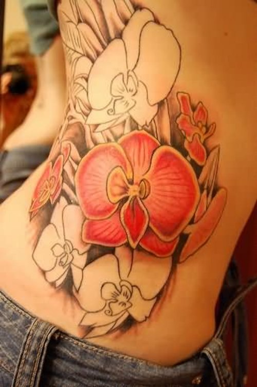 Outline And Pink Orchid Tattoos