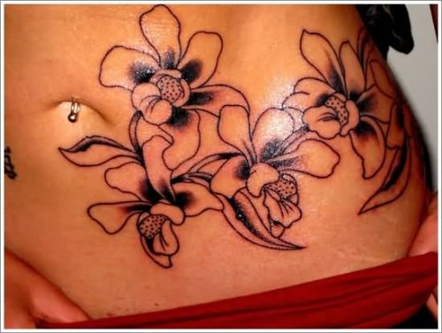 Outline Flowers Orchid Tattoo On Side