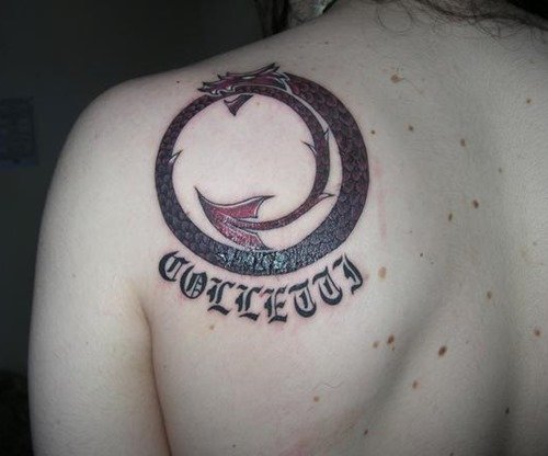 Ouroboros Tattoo On Left Back Shoulder
