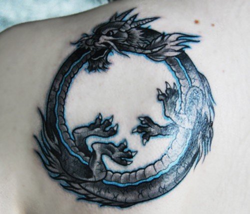 Black Ink Dragon Ouroboros Tattoo On Left Back Shoulder