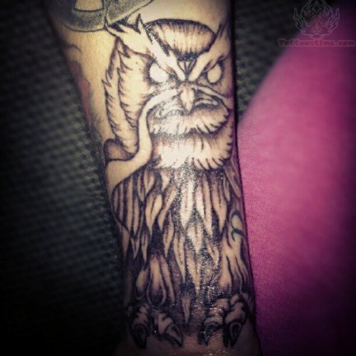 Grey Ink Owl Tattoo On Arm